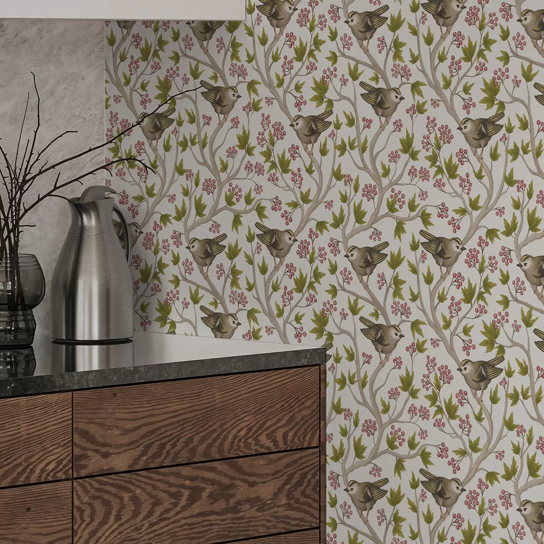 Wall Mural Photo Wallpaper Birds on branches with leaves and berries on a white background a00283