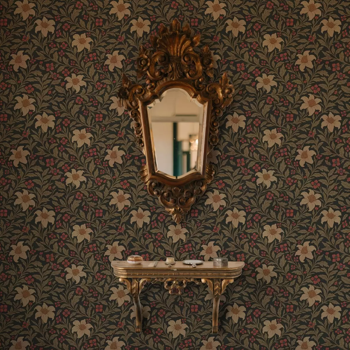 Papel pintado Fondo oscuro con flores amarillas y rojas de estilo Art Nouveau a00293