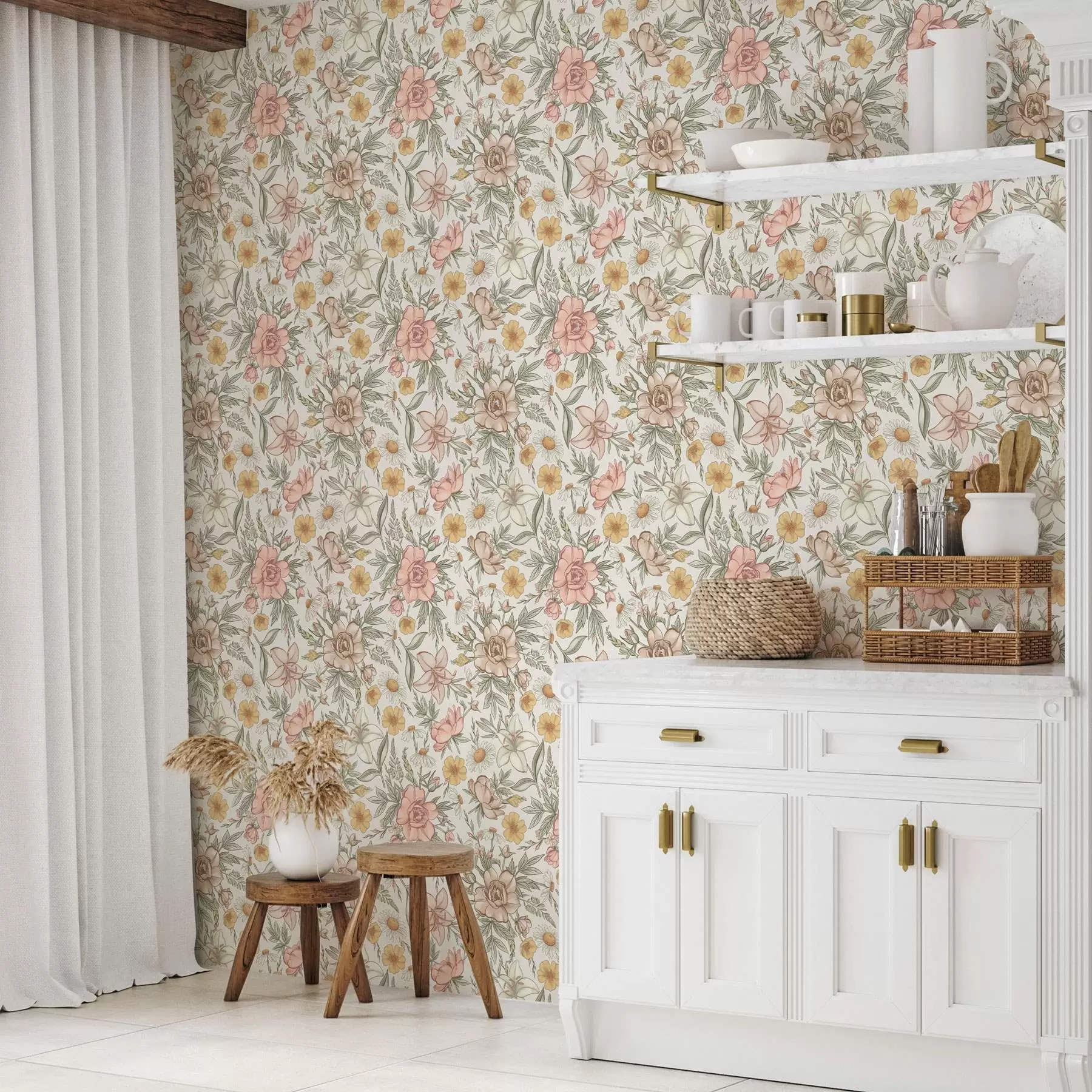 murales Daisies, peonies, lilies and leaves in delicate colors a00299