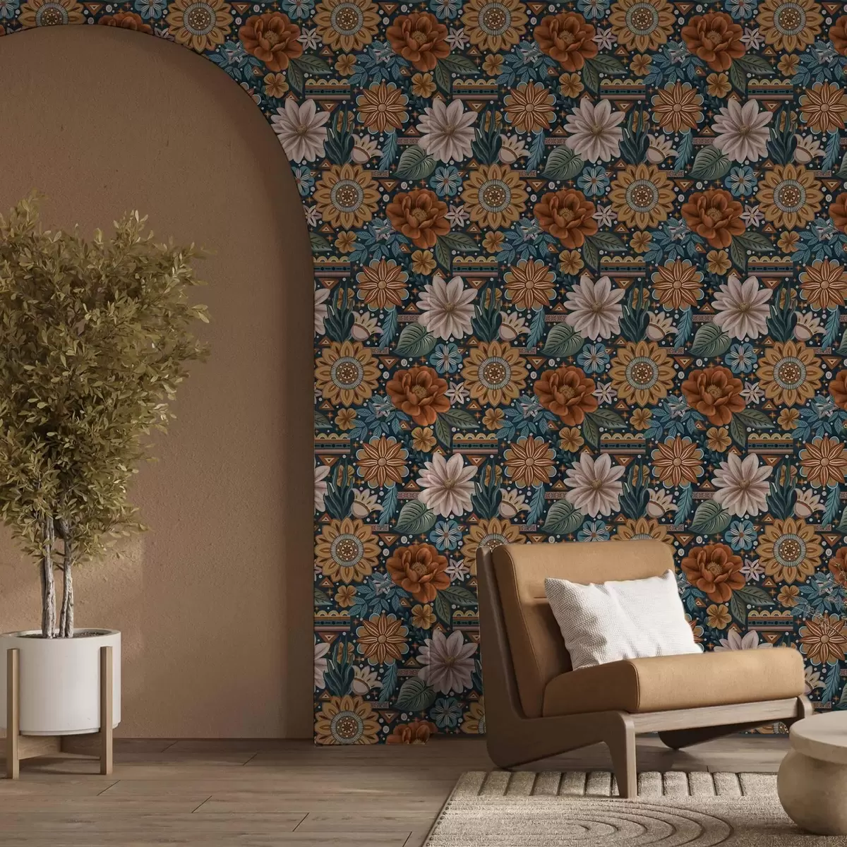 Papier peint Fleurs décoratives lumineuses avec éléments géométriques a00305