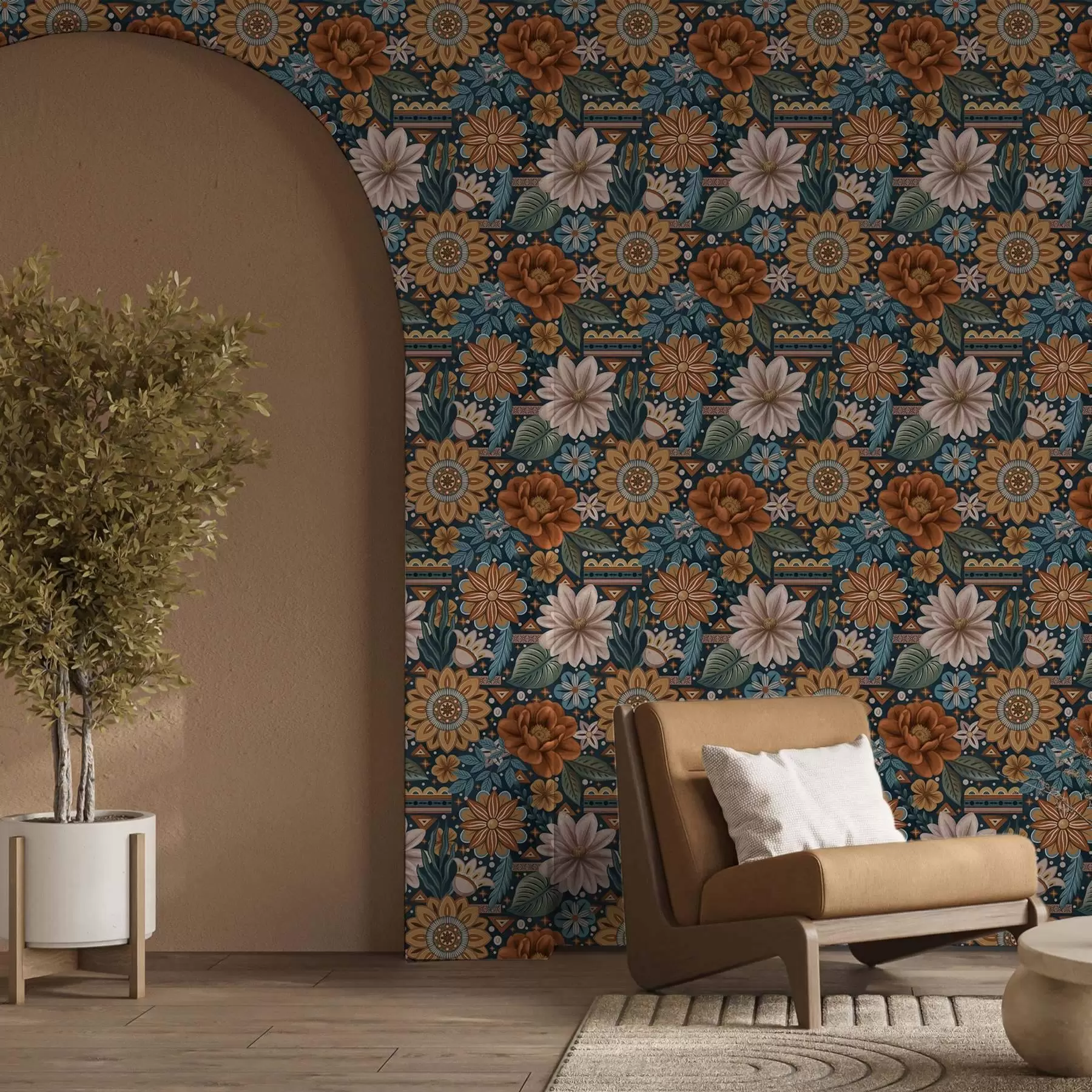 murales Flores decorativas brillantes con elementos geométricos a00305