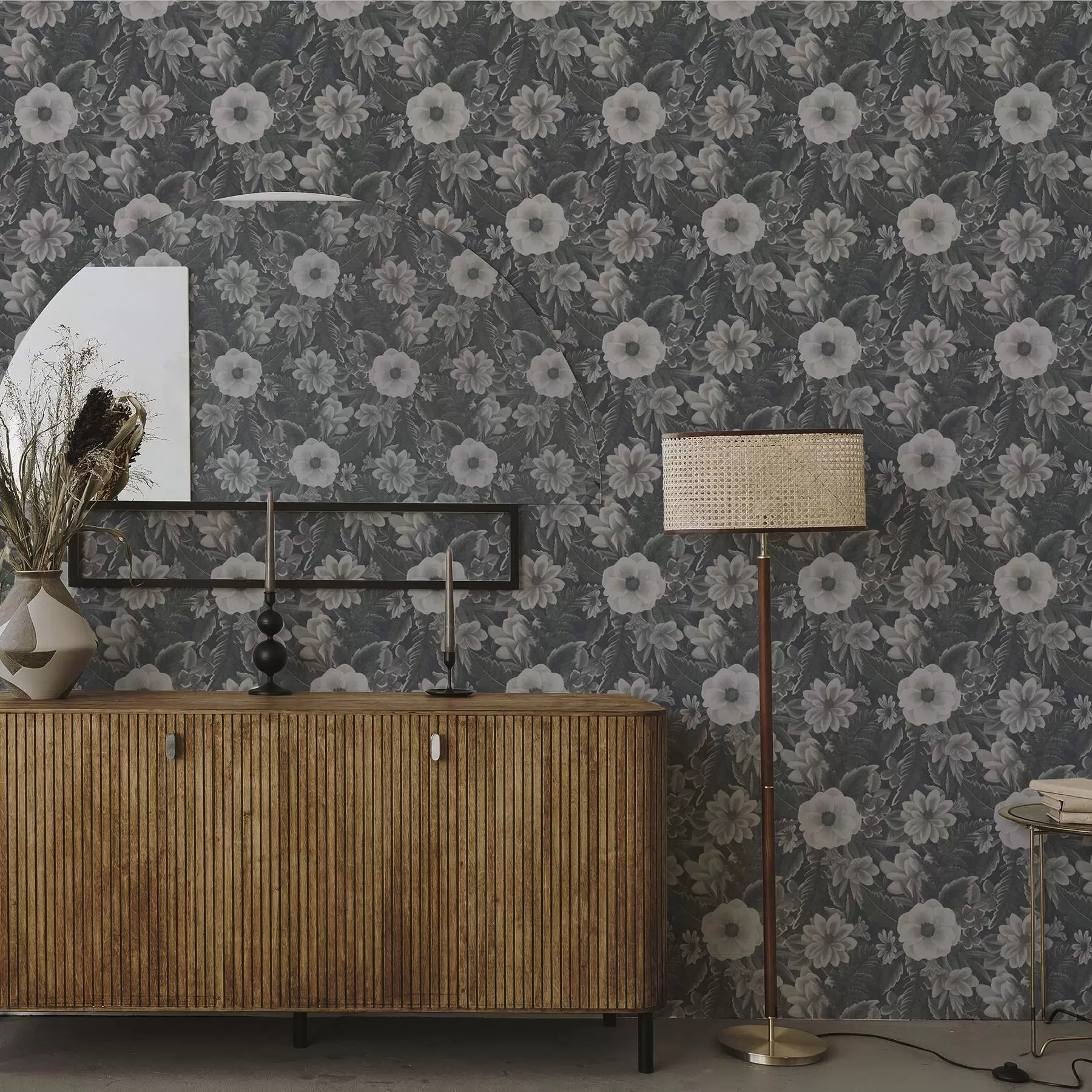 wall murals Gray and and white floral pattern with retro effect a00307