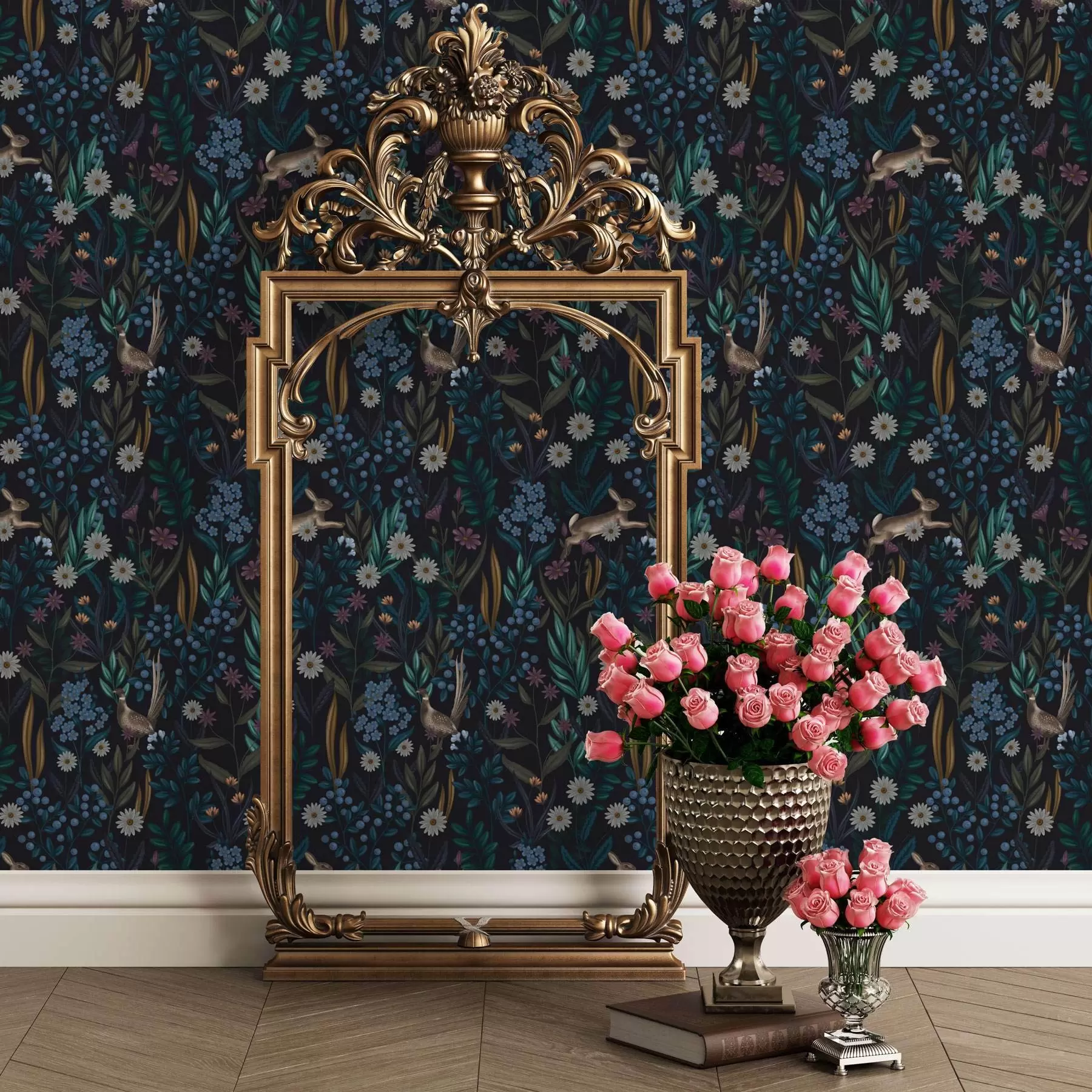 wall murals Dark forest with flowers, hare and a bird a00310