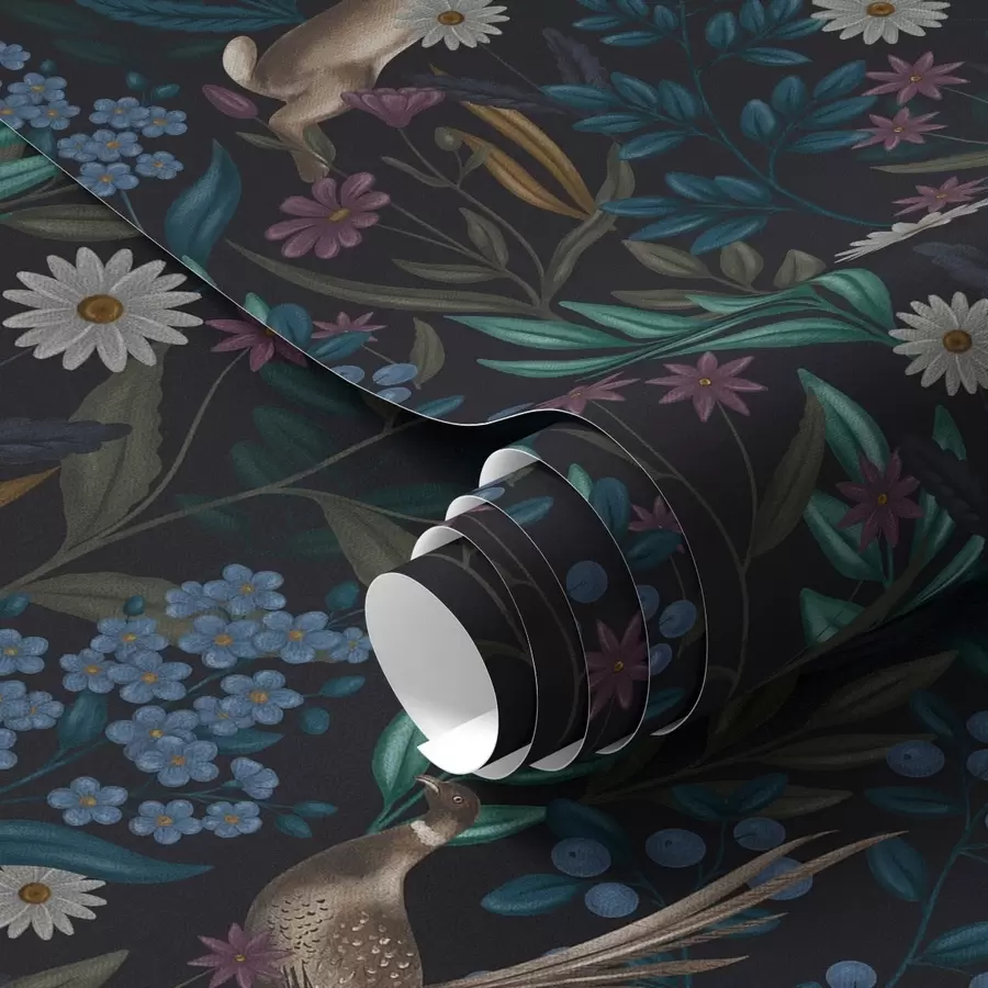 wall murals Dark forest with flowers, hare and a bird a00310