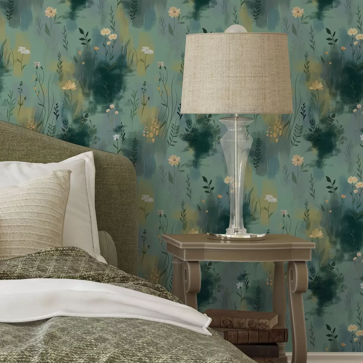 Papier peint Aquarelle abstraite avec des fleurs sur fond vert a00312