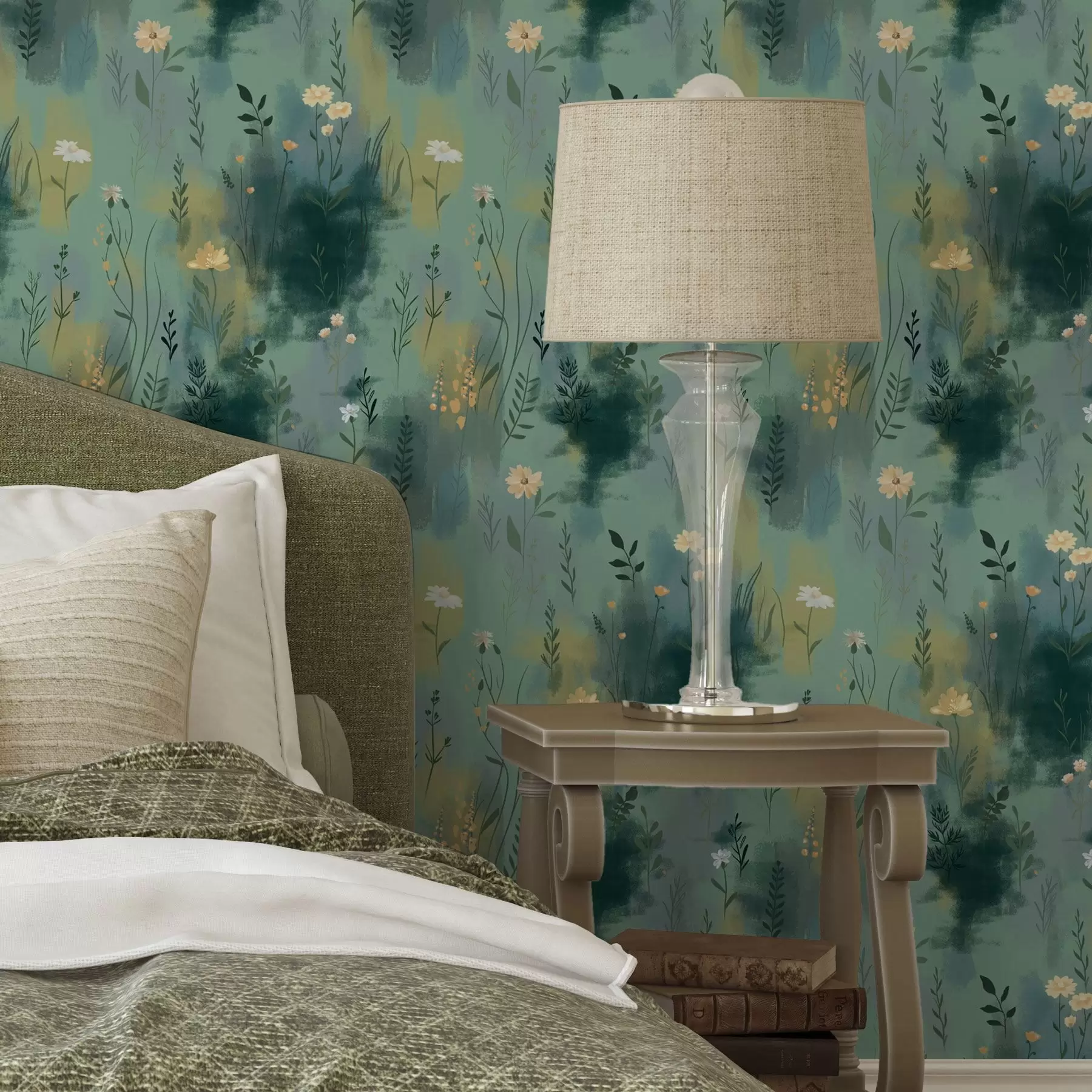 peintures murales Aquarelle abstraite avec des fleurs sur fond vert a00312