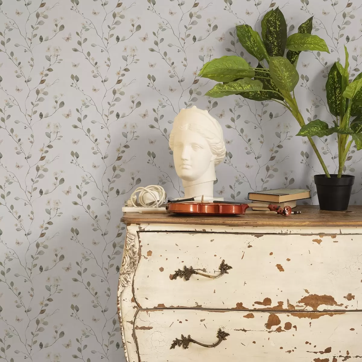 Papel pintado Ramas finas con flores y mariposas sobre fondo blanco a00342