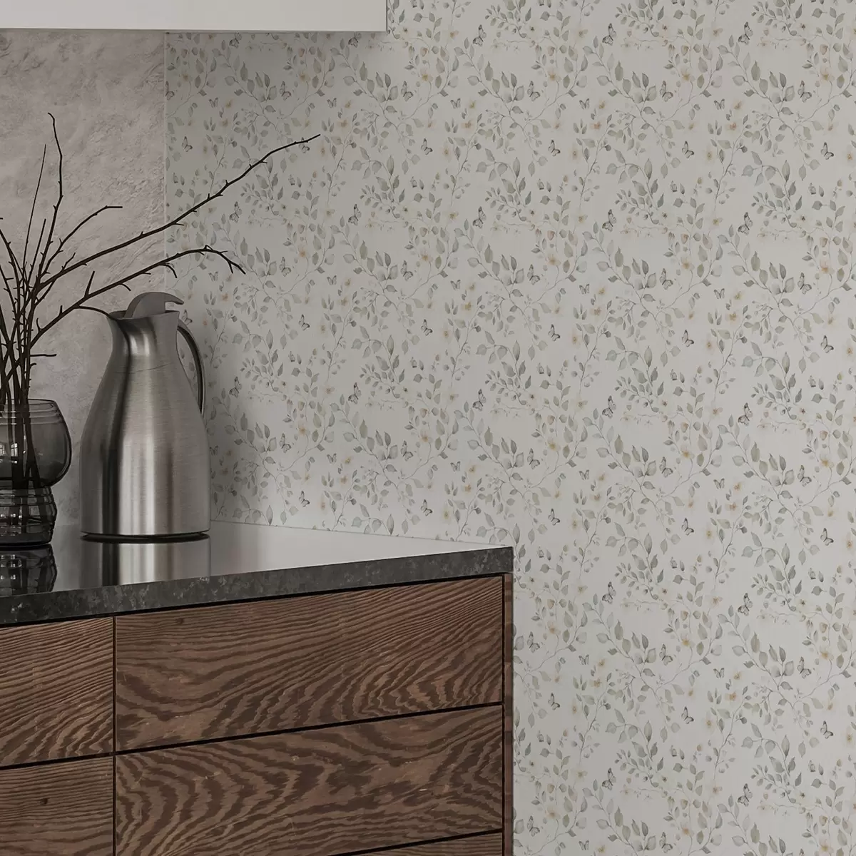 Papier peint Branches légères avec feuilles et fleurs en petites répétitions a00343