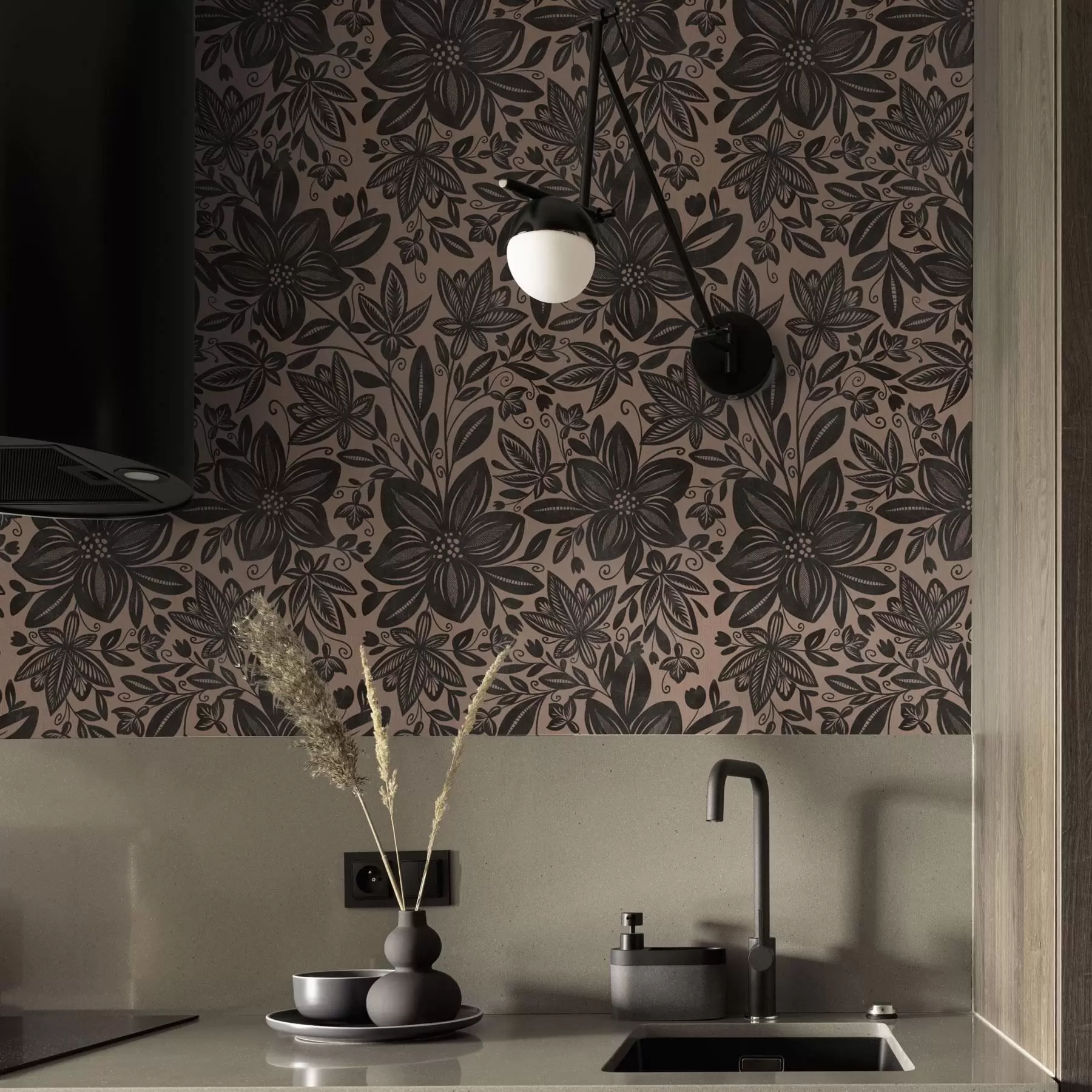 peintures murales Motif floral ethnique noir et rose et motif floral ethnique rose a00351