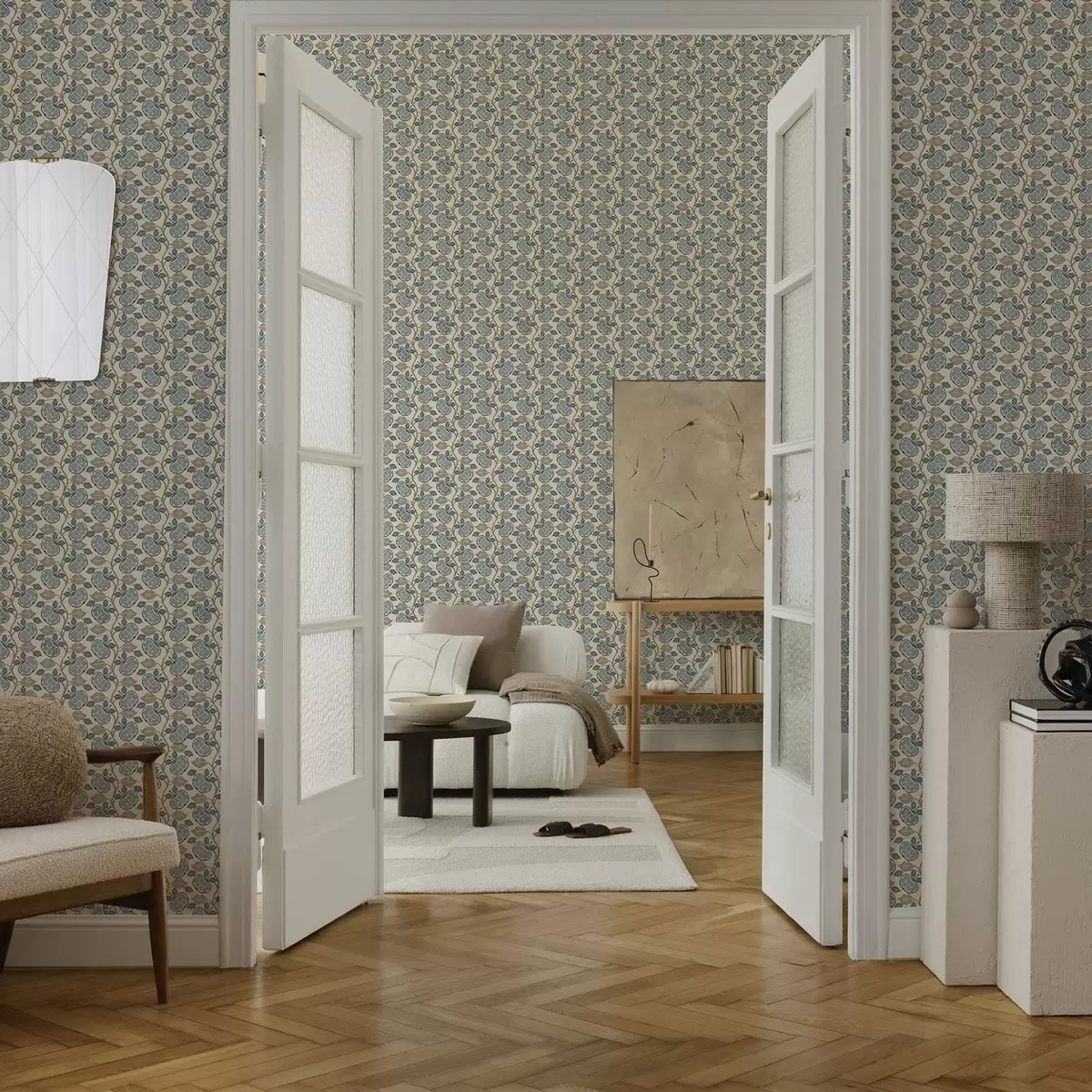 Papel pintado Patrón simétrico con elementos azules y beige a00360