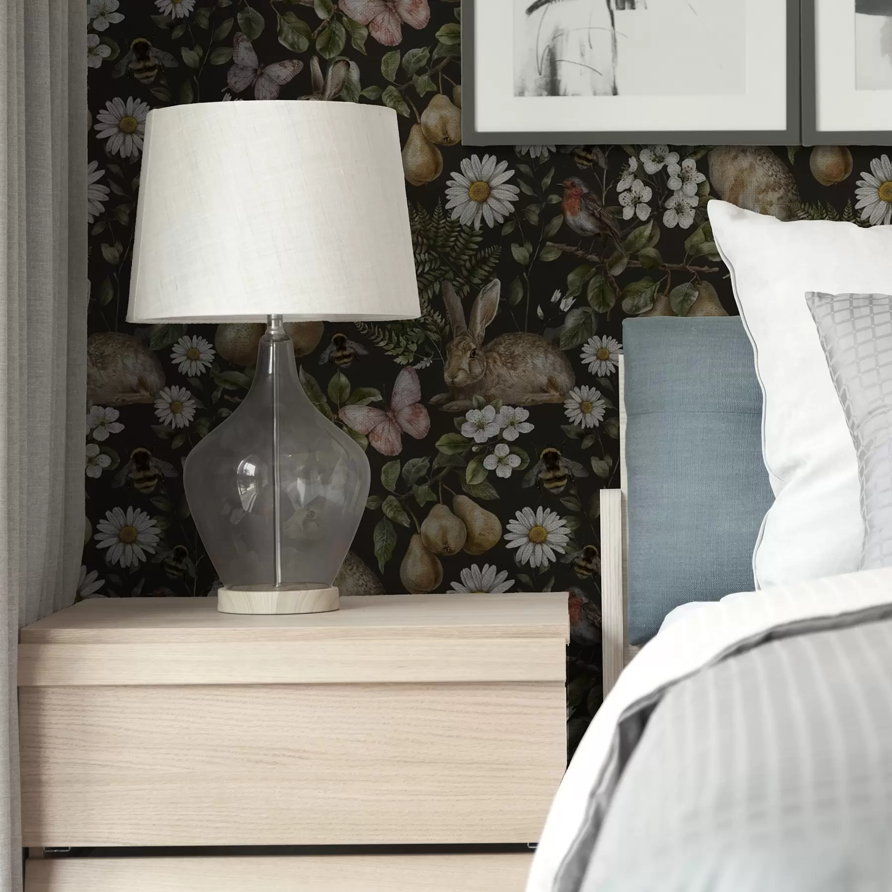 wall murals Realistic rabbits, pears, flowers and insects on a dark background a00401