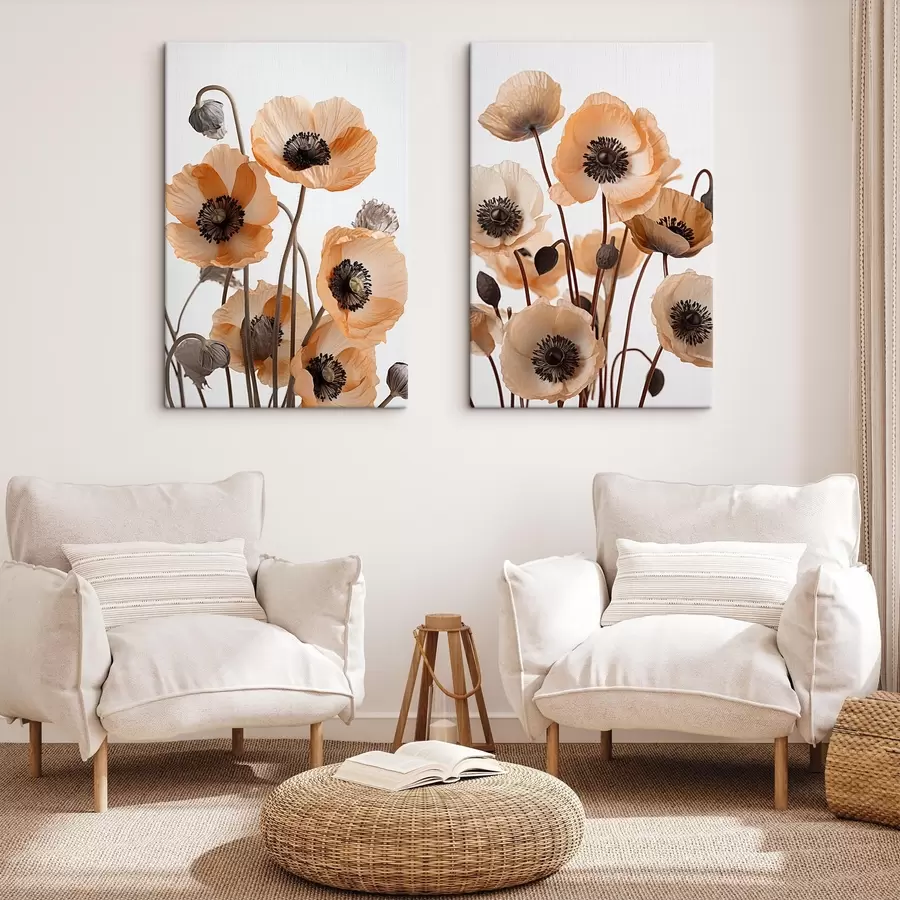 wall murals Orange poppies, dried flowers against a light background, soft lighting, delicate petals, floral arrangement m00518
