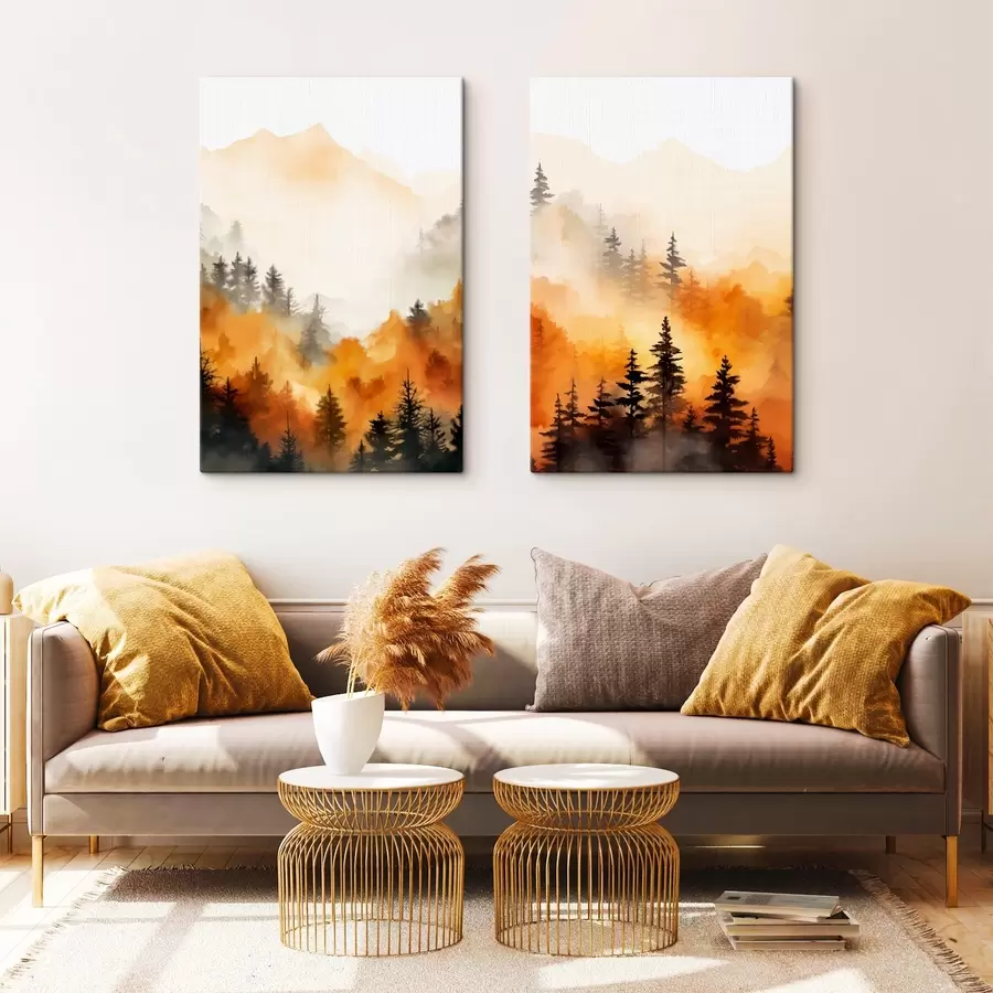 wall murals A landscape watercolor painting imitation of a forest with tall pine trees and mountains in the background m00519