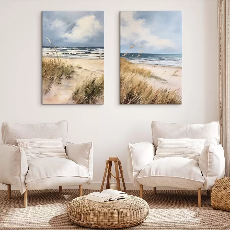 wall murals A sandy beach with tall grass in the foreground, the ocean with waves and a cloudy sky in the background m00521