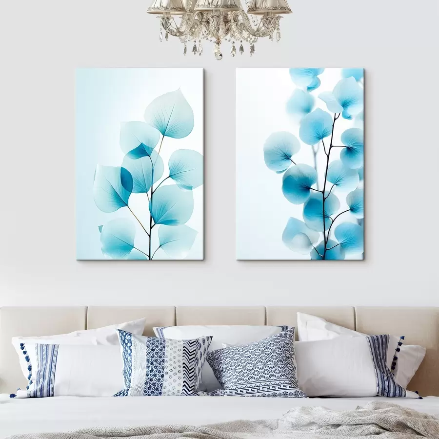 wall murals Branch with translucent blue leaves, delicate veins visible, light and calm composition, minimalist aesthetic m00522