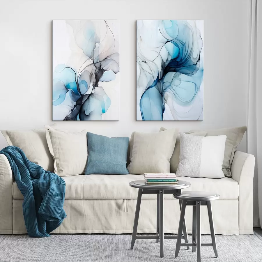 wall murals Abstract composition with flowing lines and translucent petals in shades of blue white and beige, alcohol ink imitation m00523