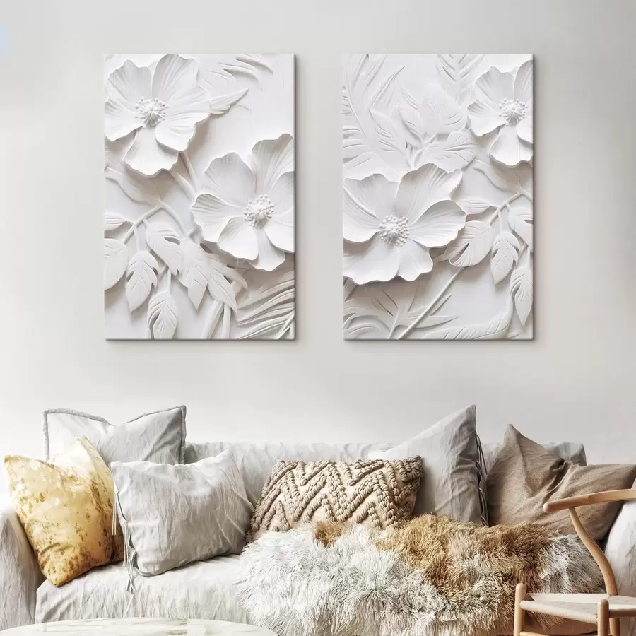 wall murals Decorative minimalistic white flowers with leaves, relief imitation, white background m00524
