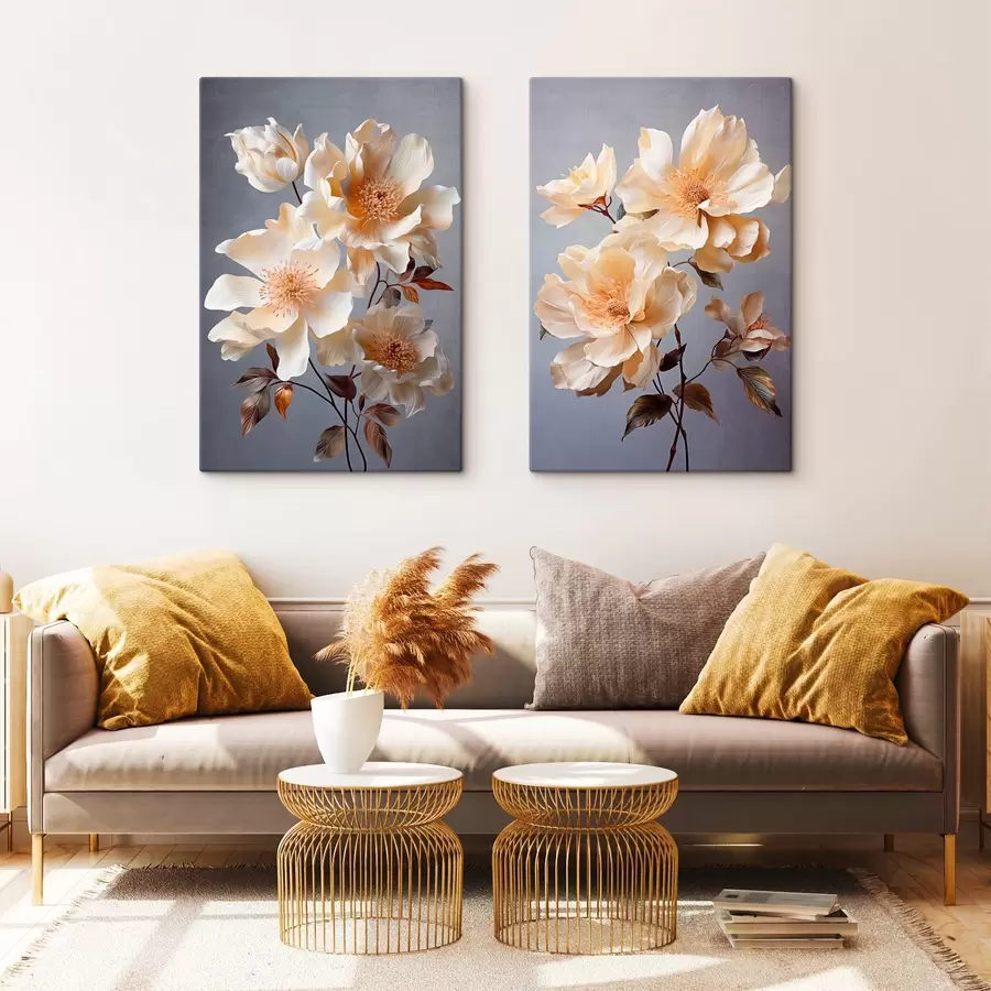 wall murals Textured flowers with orange pistils and orange leaves on gray background, soft light, elegant, detailed, realistic m00525
