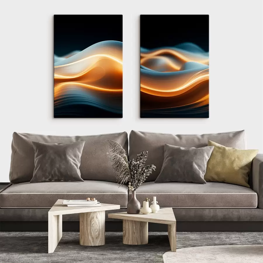 wall murals Abstract flowing shapes with orange lines, smooth curves and lines, dynamic composition, dark background m00526
