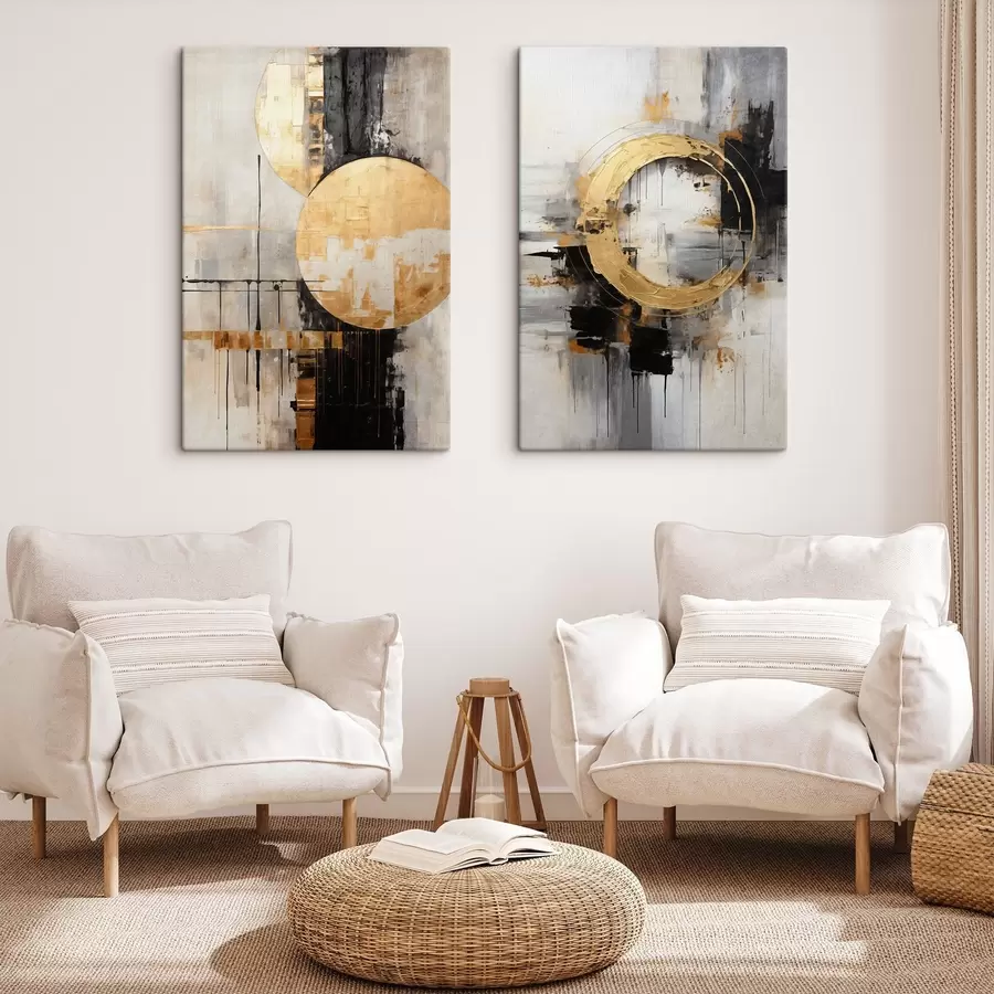 wall murals Abstract painting with circles, black and yellow lines, and a background with gray and white tones m00527