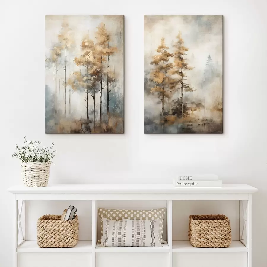 wall murals Textured tall trees with yellow leaves in a forest , the background is a mix of soft blue and brown tones  m00528