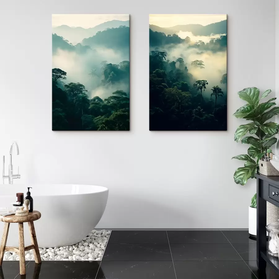 wall murals Tropical rainforest with lush green trees and a thick layer of mist , creating atmospheric environment m00529