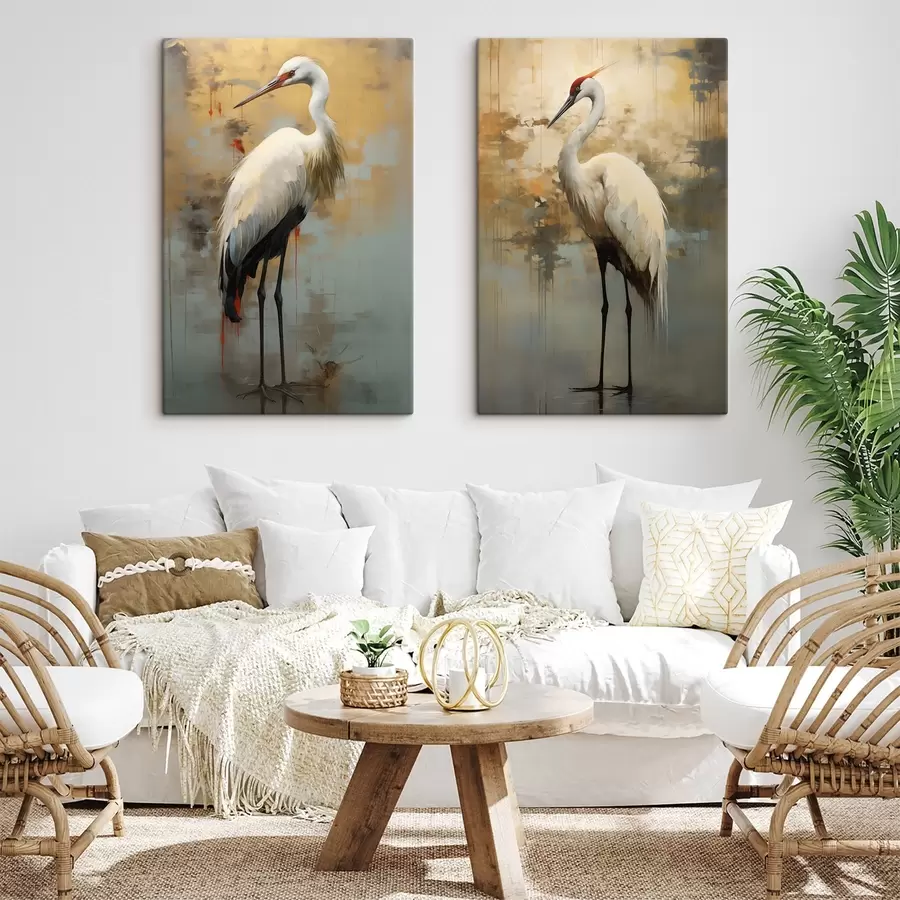 wall murals White heron against a backdrop of muted yellow, brown, and blue hues suggesting a misty, abstract landscape m00530