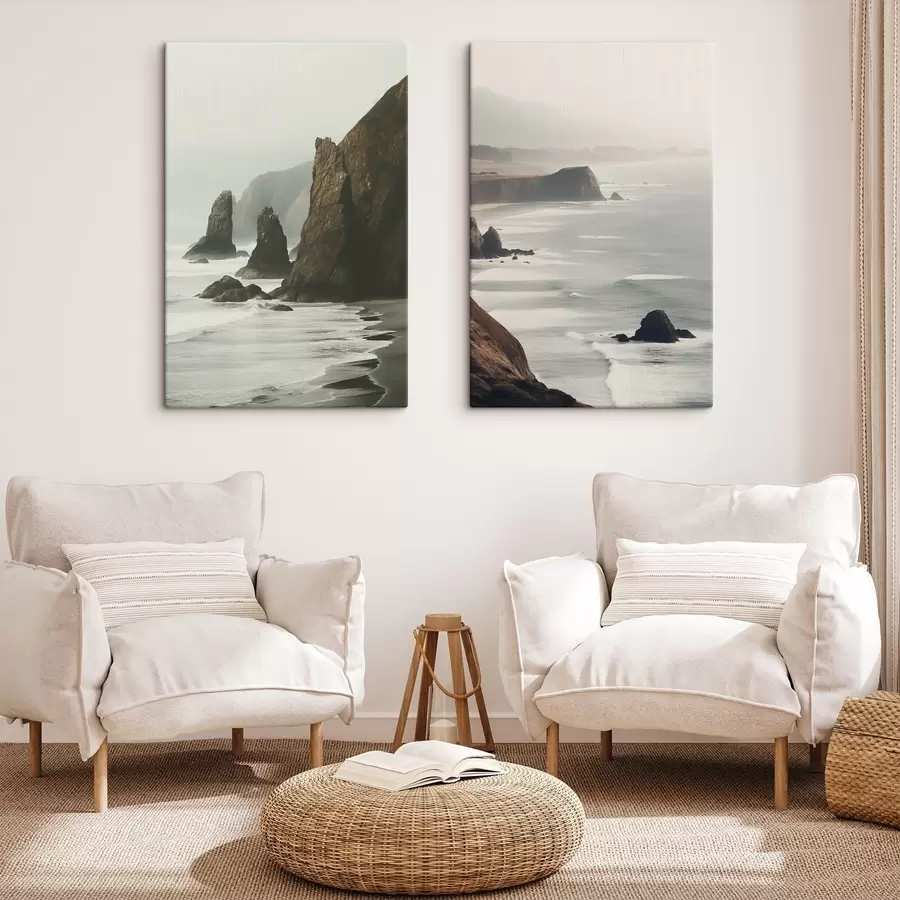 wall murals Rocky cliffs and sea coastline, waves crashing on the shore,landscape with a moody atmosphere, earthy tones m00531