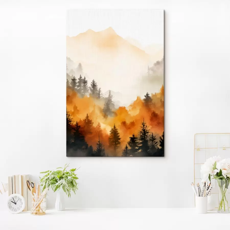 murales Paisaje pintado a la acuarela que imita un bosque con altos pinos y montañas al fondo s45169