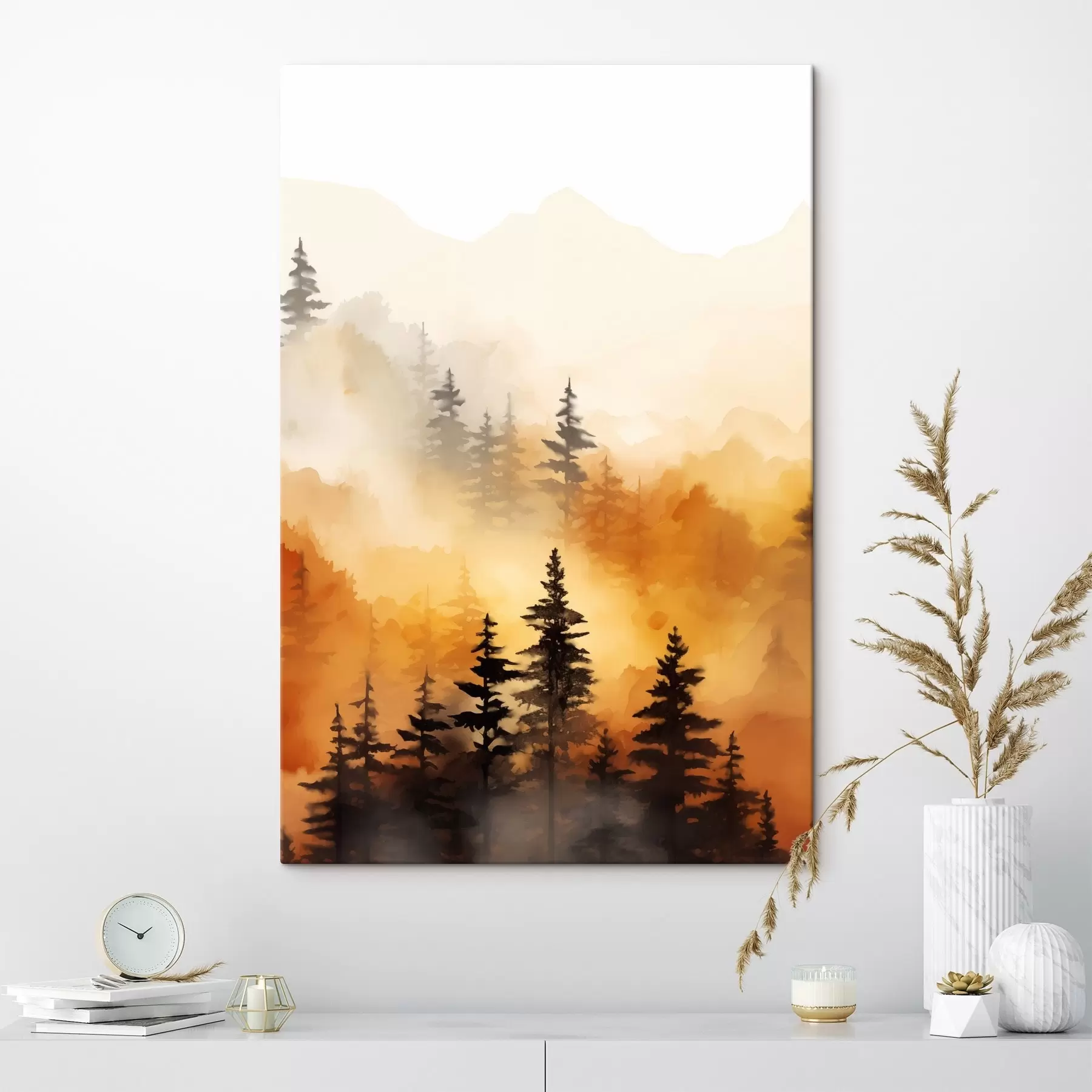 wall murals A landscape watercolor painting imitation of a forest with tall pine trees and mountains in the background s45170