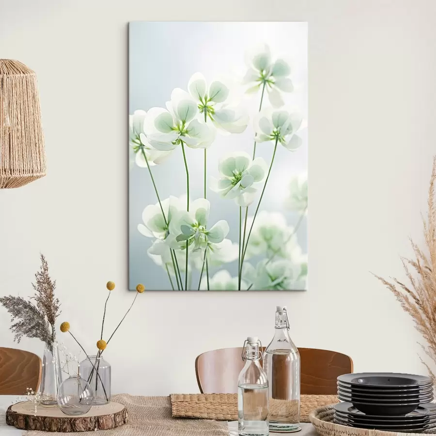wall murals White clover flowers with green stem and leaves, soft lighting, clean background, minimalist composition, botanical s45172