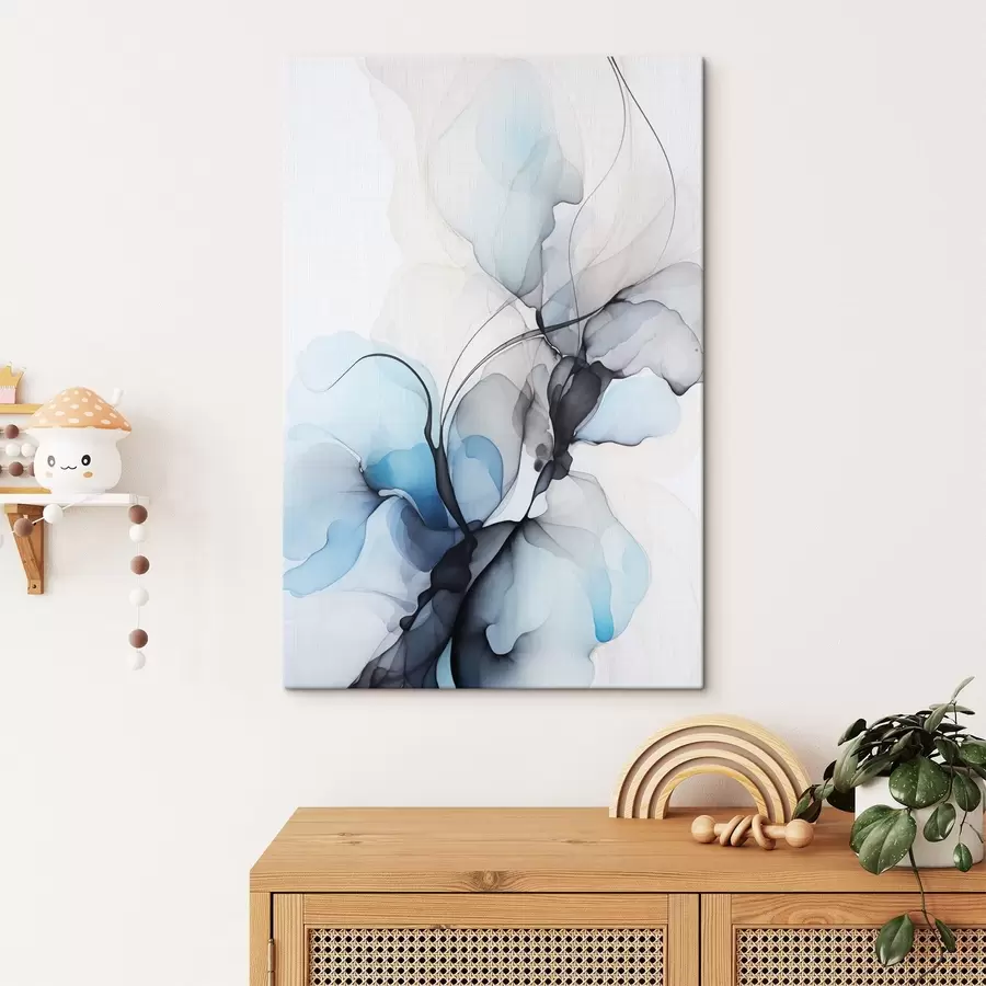 wall murals Abstract composition with flowing lines and translucent petals in shades of blue white and beige, alcohol ink imitation s45177