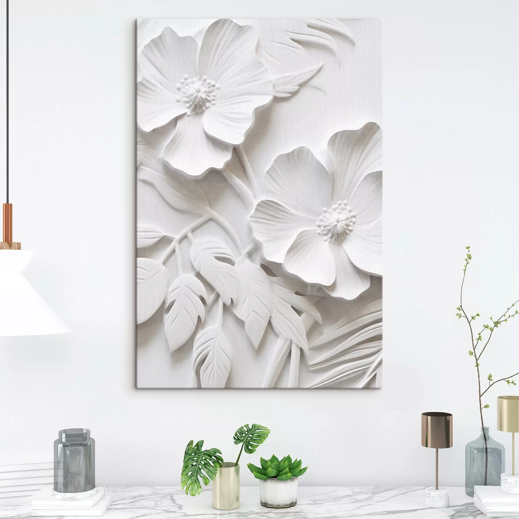 murales Flores blancas minimalistas decorativas con hojas, imitación relieve, fondo blanco s45179