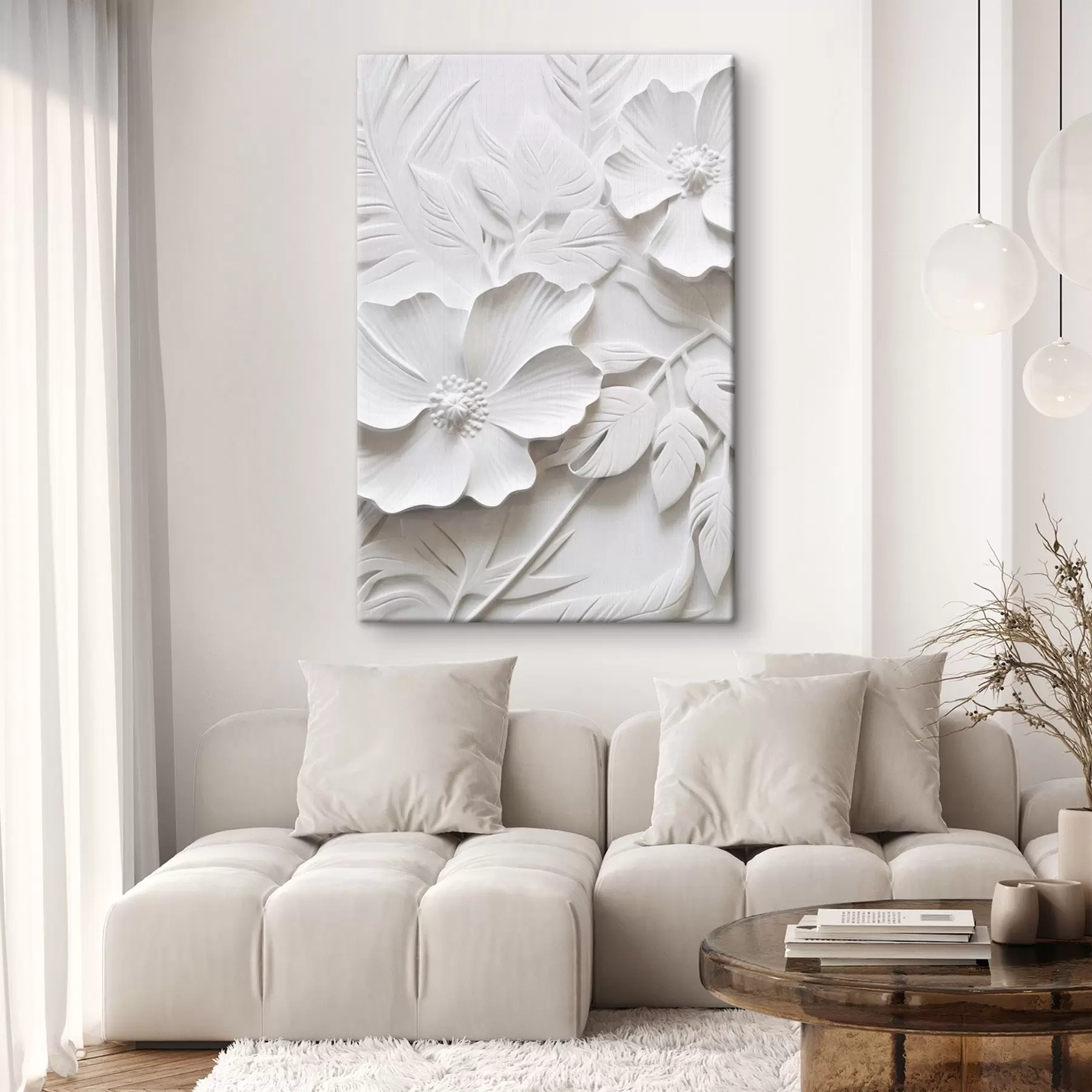 murales Flores blancas minimalistas decorativas con hojas, imitación relieve, fondo blanco s45180