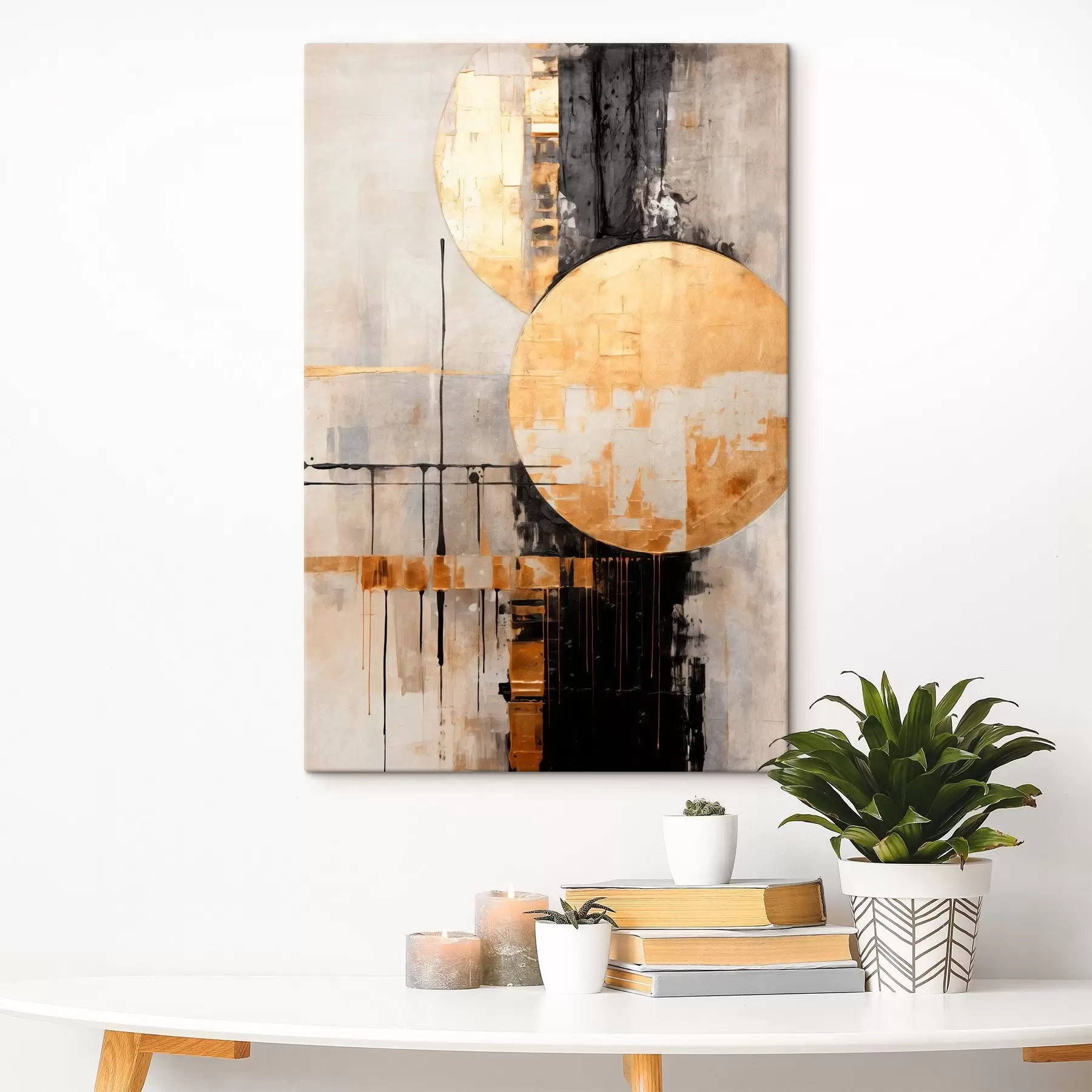 wall murals Abstract painting with circles, black and yellow lines, and a background with gray and white tones s45185