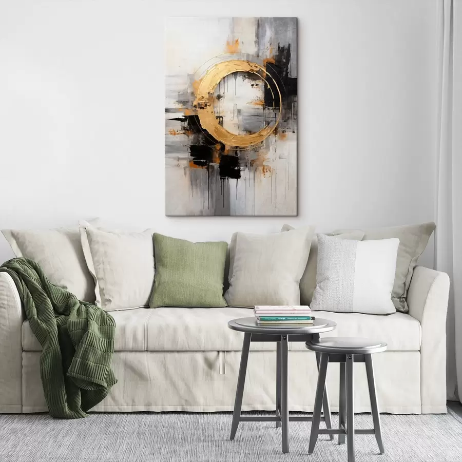 wall murals Abstract painting with circles, black and yellow lines, and a background with gray and white tones s45186