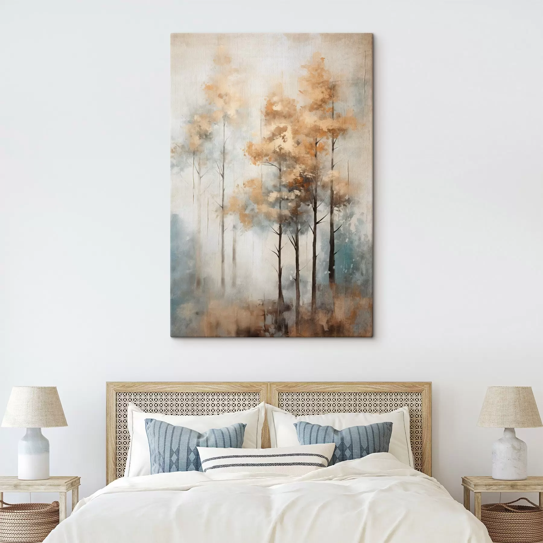murales Árboles altos con textura y hojas amarillas en un bosque , el fondo es una mezcla de suaves tonos azules y marrones s45187