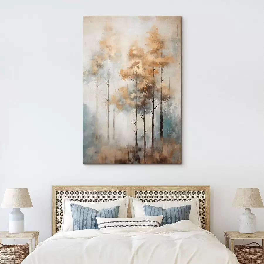 wall murals Textured tall trees with yellow leaves in a forest , the background is a mix of soft blue and brown tones s45187