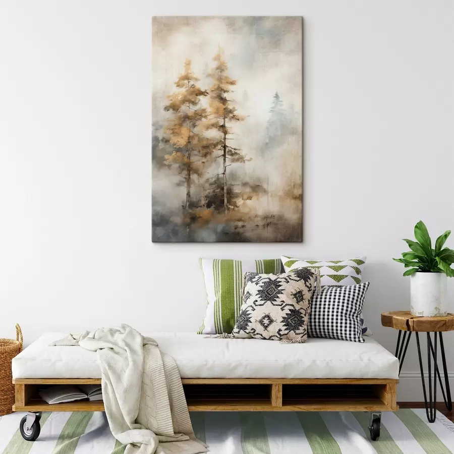 murales Árboles altos con textura y hojas amarillas en un bosque , el fondo es una mezcla de suaves tonos azules y marrones s45188