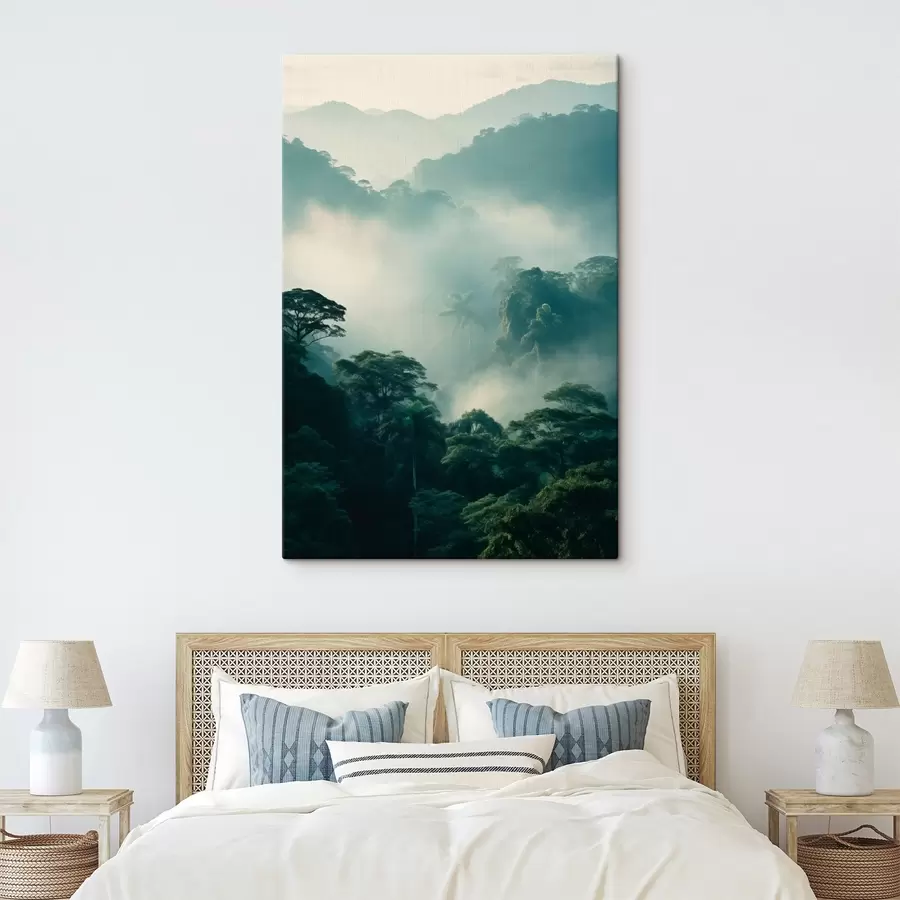 wall murals Tropical rainforest with lush green trees and a thick layer of mist , creating atmospheric environment s45189