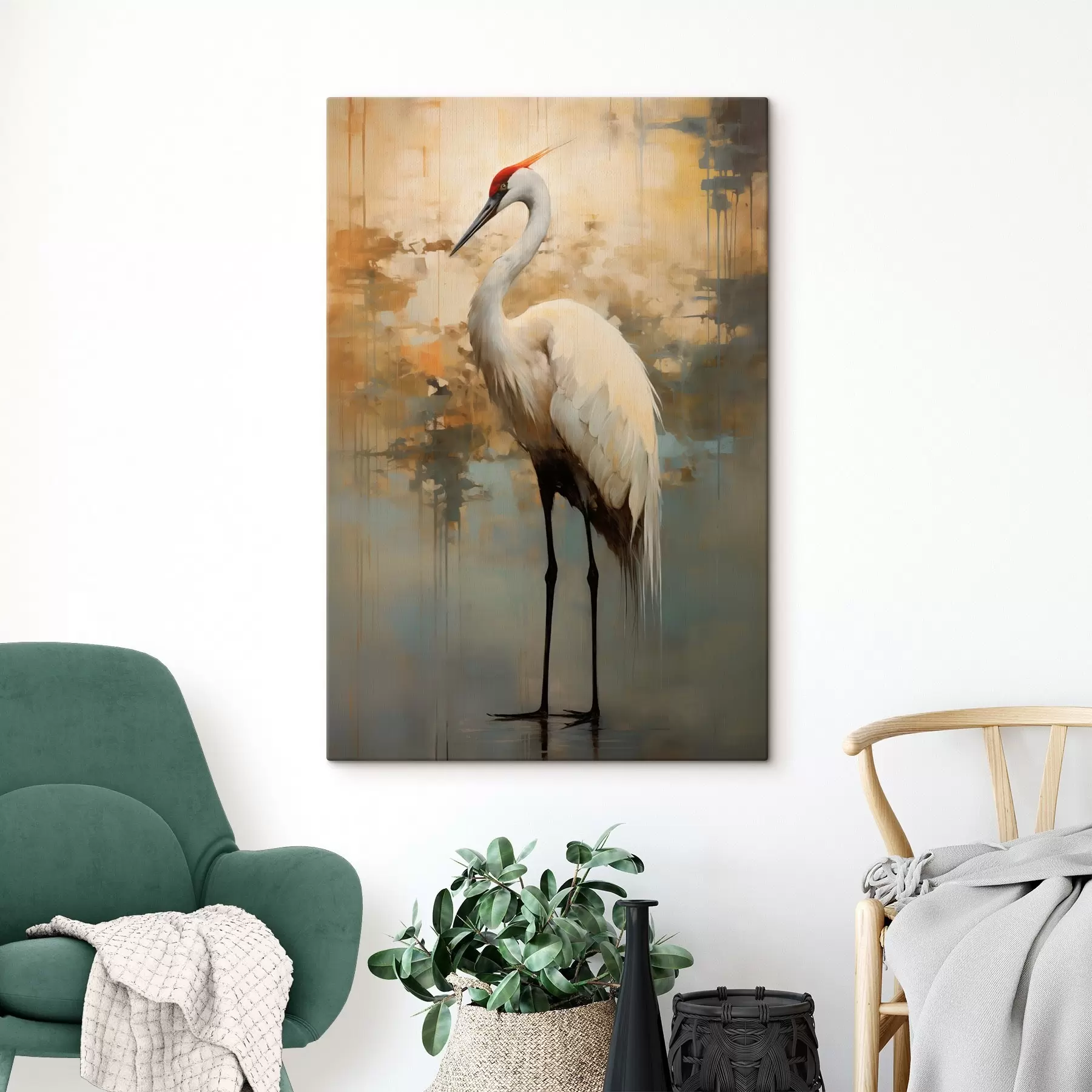 wall murals White heron against a backdrop of muted yellow, brown, and blue hues suggesting a misty, abstract landscape s45192