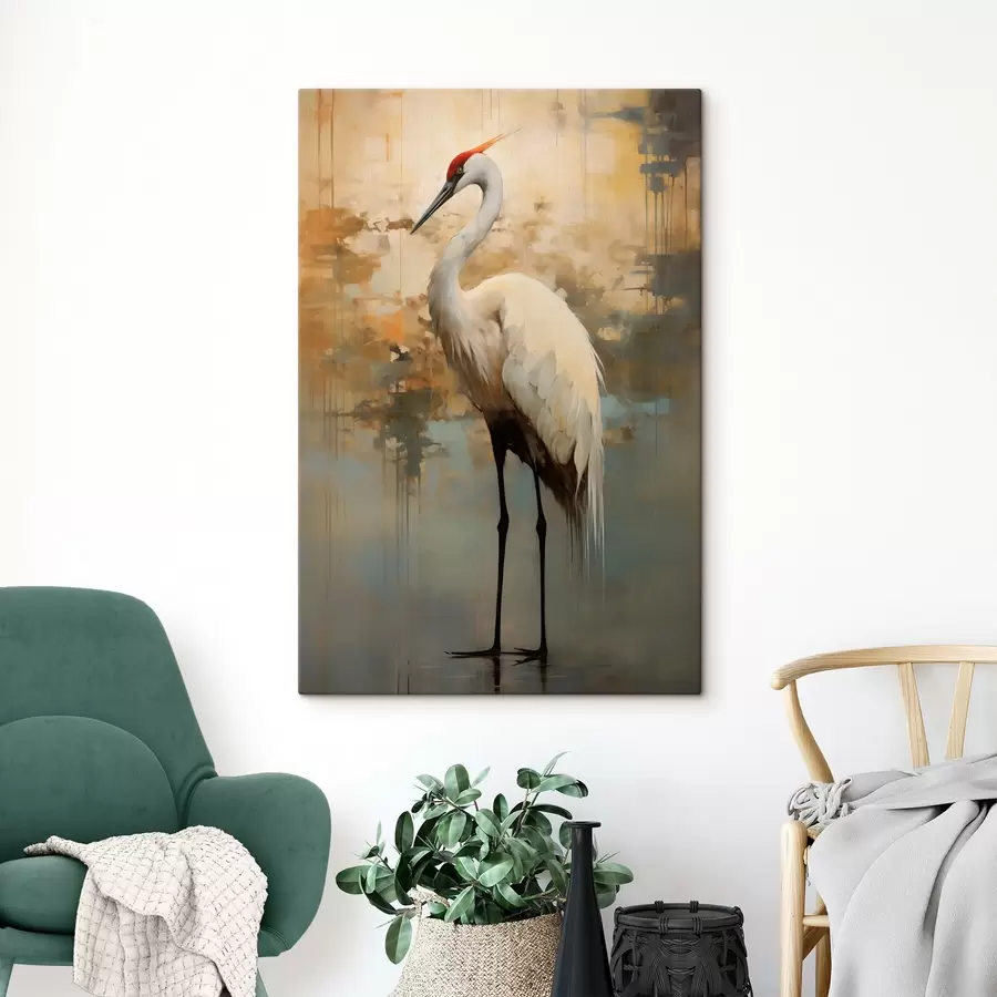 murales Garza blanca sobre un fondo de tonos amarillos, marrones y azules apagados que sugieren un paisaje brumoso y abstracto s45192