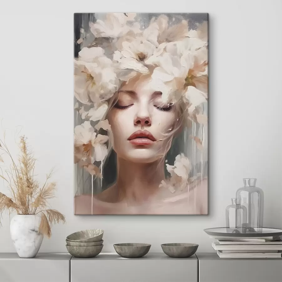 murales Retrato femenino con flores blancas s45218