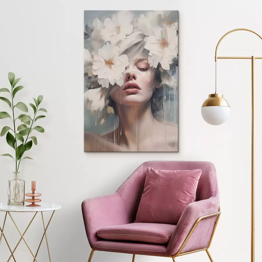 murales Retrato femenino con flores blancas s45219