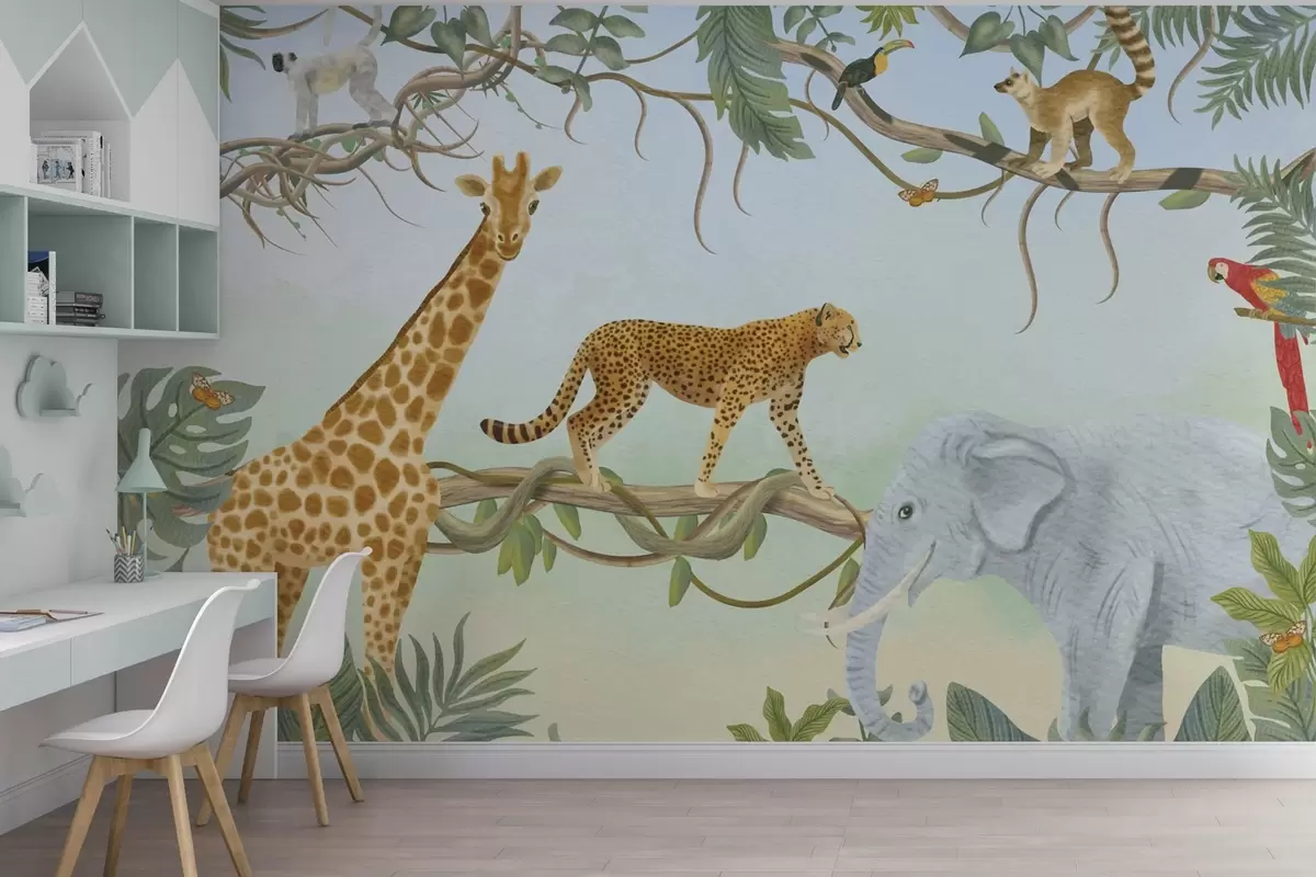 peintures murales Illustration de la jungle avec girafe, guépard et éléphant w04194