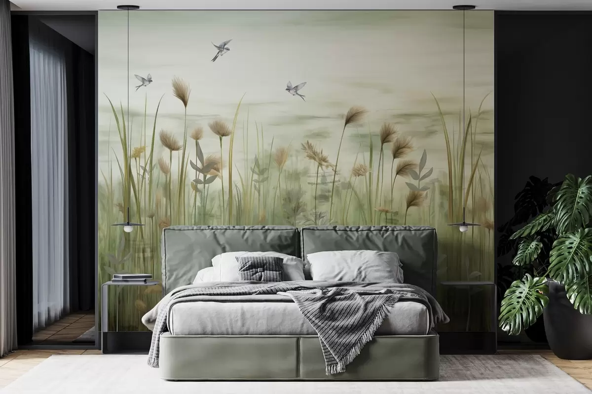Wall Mural Photo Wallpaper Grass landscape with swallows against soft sky w04258v1