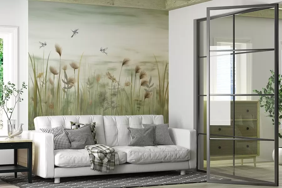 Wall Mural Photo Wallpaper Grass landscape with swallows against soft sky w04258v1