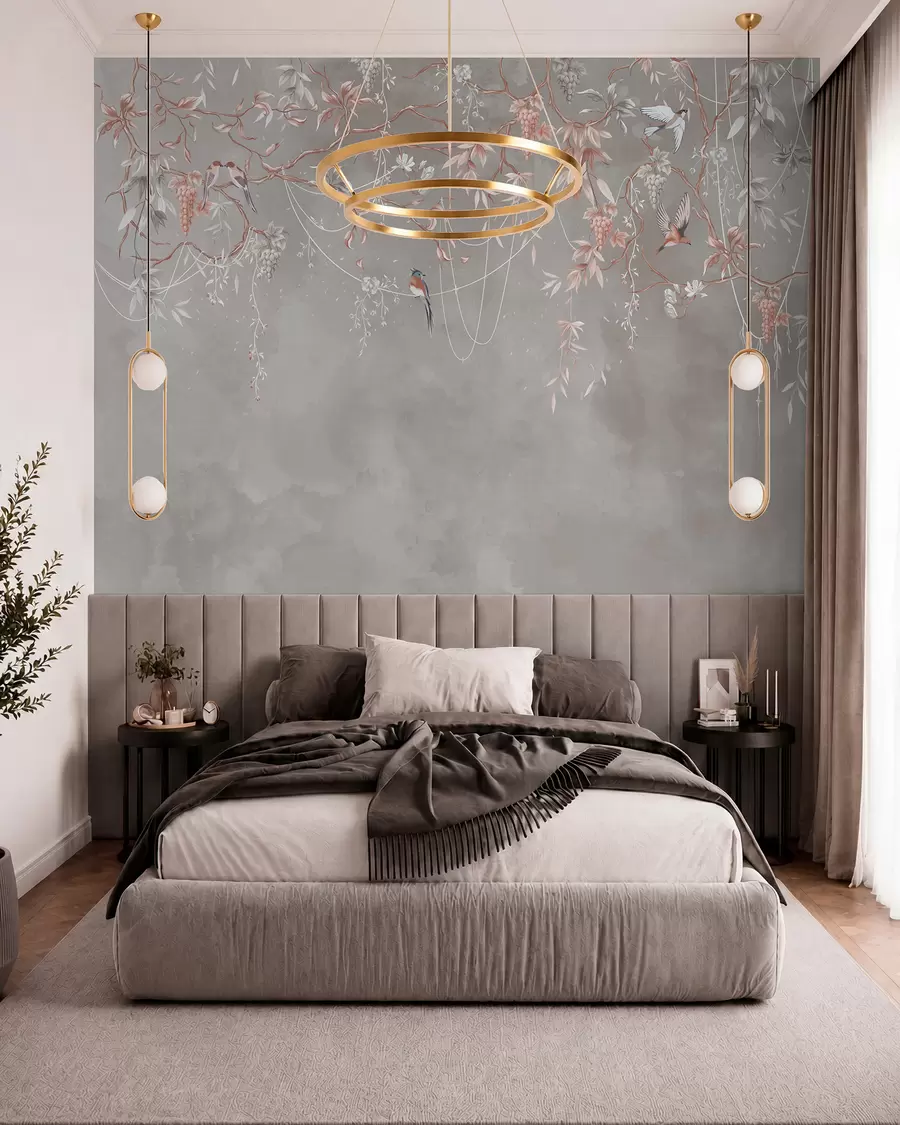 Wall Mural Photo Wallpaper Branches with grapes and birds on warm gray-pink background w04302