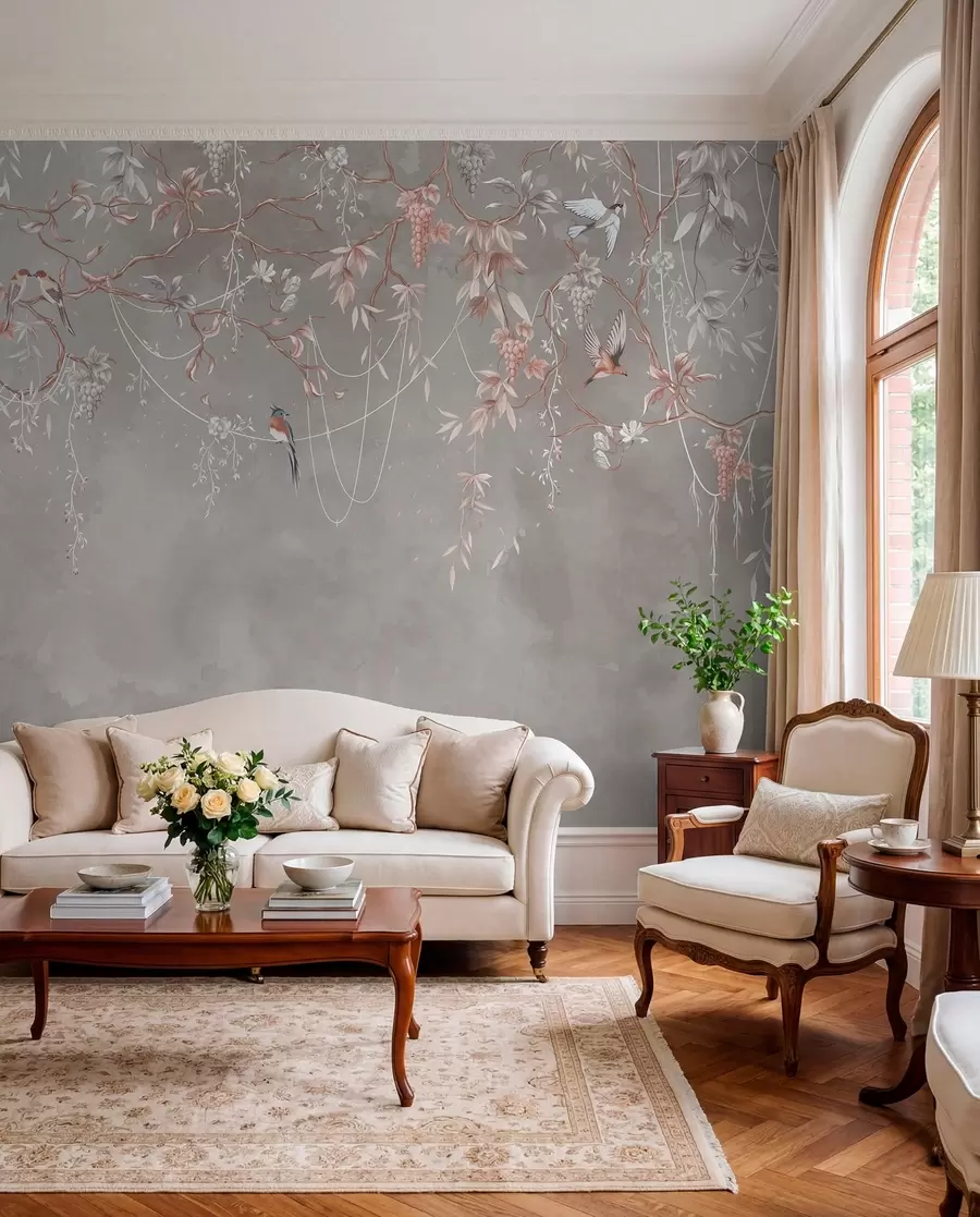 Wall Mural Photo Wallpaper Branches with grapes and birds on warm gray-pink background w04302