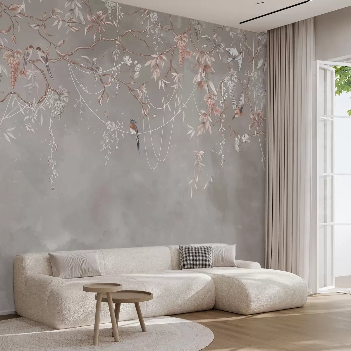 wall murals Branches with grapes and birds on warm gray-pink background w04302